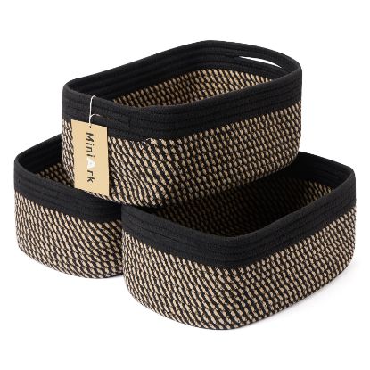Picture of MiniArk Shelf Storage Baskets for Organizing | Closet Organizer Bins | Small Toy Basket | Woven Rope Baskets | Cube Decorative Box | Shallow Basket | 13x8.5x5.1” | 3 Packs Black Brown