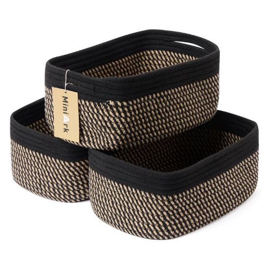 Picture of MiniArk Shelf Storage Baskets for Organizing | Closet Organizer Bins | Small Toy Basket | Woven Rope Baskets | Cube Decorative Box | Shallow Basket | 13x8.5x5.1” | 3 Packs Black Brown