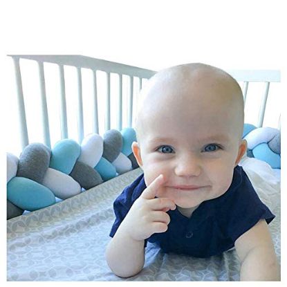 Picture of LOAOL Baby Crib Bumper Knotted Braided Plush Nursery Cradle Decor Newborn Gift Pillow Cushion Junior Bed Sleep Bumper (3 Meters, White-Gray-Blue)
