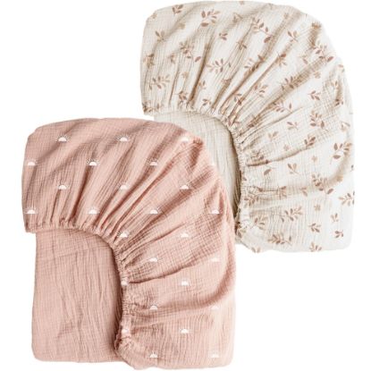 Picture of Konssy Muslin Crib Sheets for Girl Boy, 2 PCS Soft and Breathable Cotton Baby Sheets for Standard Crib Mattress, 52"x 28" (Pink Sun,Khaki Leaf)