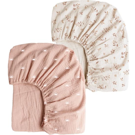 Picture of Konssy Muslin Crib Sheets for Girl Boy, 2 PCS Soft and Breathable Cotton Baby Sheets for Standard Crib Mattress, 52"x 28" (Pink Sun,Khaki Leaf)