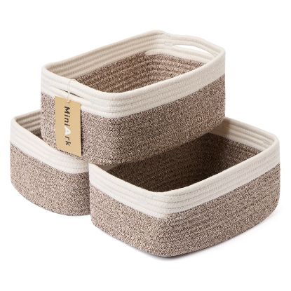 Picture of MiniArk Small Storage Baskets for Organizing | Closet Organizer Bins | Shelf Toy Basket | Woven Rope Baskets | Cube Decorative Box | Shallow Basket | 13x8.5x5.1” | 3 Packs White Brown