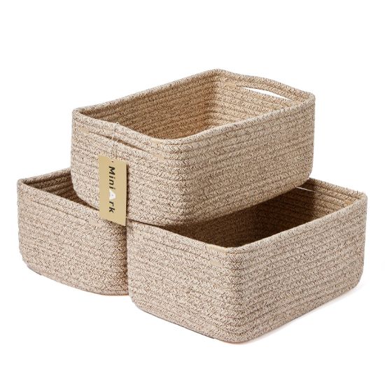 Picture of MiniArk Shelf Storage Baskets for Organizing | Closet Organizer Bins | Small Toy Basket | Woven Rope Baskets | Cube Decorative Box | Shallow Basket | 13x8.5x5.1” | 3 Packs Mixed Brown