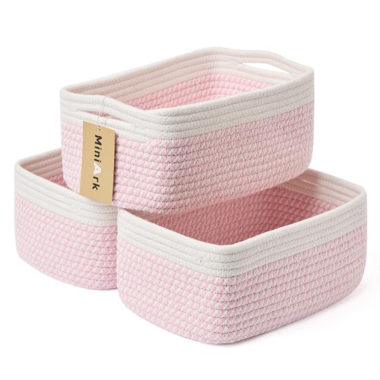 Picture of MiniArk Shelf Storage Baskets for Organizing | Closet Organizer Bins | Small Baskets | Toy Basket | Cute Decorative Basket | Cube Storage Bin | Woven Rope Basket | 13×8.5×5.1” | 3 Packs White Pink