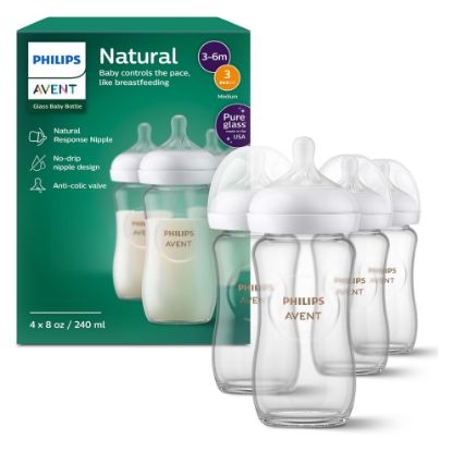 Picture of Philips Avent Natural Glass Baby Bottles with Natural Response Nipples (Medium Flow, Flow 3), 8oz, 4-Pack, SCY913/04