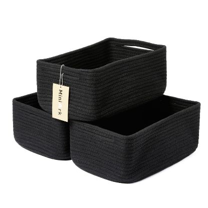 Picture of MiniArk Shelf Storage Baskets for Organizing | Closet Organizer Bins | Small Toy Basket | Woven Rope Baskets | Cube Decorative Box | Shallow Basket | 13x8.5x5.1” | 3 Packs Black