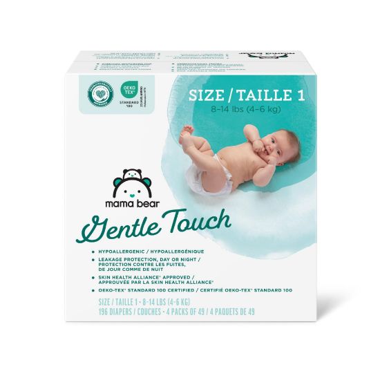 Picture of Amazon Brand - Mama Bear Gentle Touch Diapers, Hypoallergenic, Size 1, 196 Count (4 packs of 49), White