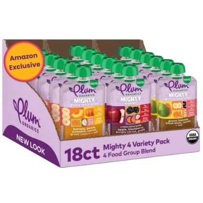 Picture of Plum Organics Stage 4 Variety Pack - Toddler’s Delicious Discovery Flavors - Mighty 4 Organic Fruit & Veggie Pouches - 4 oz Pouch, Pack of 18 (Amazon Exclusive)