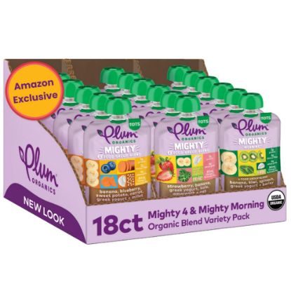 Picture of Plum Organics Stage 4 Variety Pack - Toddler’s Taste Adventure & Sunrise Pack - Mighty 4 & Mighty Morning Organic Fruit & Veggie Pouches - 4 oz Pouch, Pack of 18 (Amazon Exclusive)