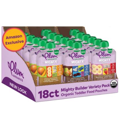 Picture of Plum Organics Stage 4 Variety Pack - Toddler’s Flavor Expedition - Mighty Builder Organic Fruit & Veggie Pouches - 4 oz Pouch, Pack of 18 (Amazon Exclusive)