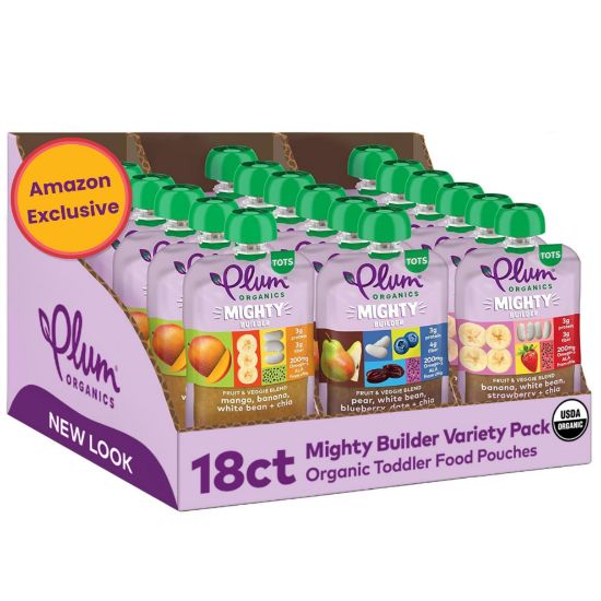Picture of Plum Organics Stage 4 Variety Pack - Toddler’s Flavor Expedition - Mighty Builder Organic Fruit & Veggie Pouches - 4 oz Pouch, Pack of 18 (Amazon Exclusive)