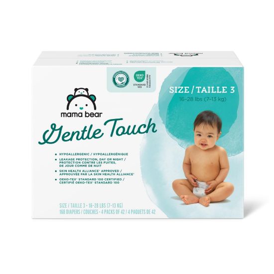 Picture of Amazon Brand - Mama Bear Gentle Touch Diapers, Hypoallergenic, Size 3, 168 Count (4 packs of 42), White