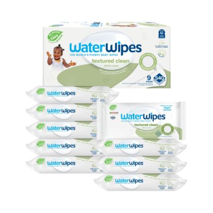 Picture of WaterWipes Plastic-Free Textured Clean, Toddler & Baby Wipes, 99.9% Water Based Wipes, Unscented & Hypoallergenic for Sensitive Skin, 540 Count (9 packs), Packaging May Vary