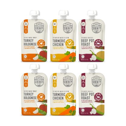 Picture of Serenity Kids 7+ Months Bone Broth Puree Made with Organic Veggies - Clean Label Project Purity Award Certified - 3.5 Ounce BPA-Free Pouch - Variety Pack - 6 Count - Baby Puree - Bone Broth for Babies