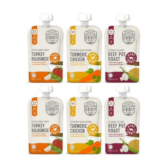 Picture of Serenity Kids 7+ Months Bone Broth Puree Made with Organic Veggies - Clean Label Project Purity Award Certified - 3.5 Ounce BPA-Free Pouch - Variety Pack - 6 Count - Baby Puree - Bone Broth for Babies