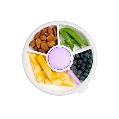 Picture of GoBe Kids Small Snack Spinner Slide Bundle with Hand Strap and Sticker Sheet - Reusable Snack Container with 5 Compartment Dispenser and Lid | BPA/PVC Free | Dishwasher Safe | No Spill - Taro Purple