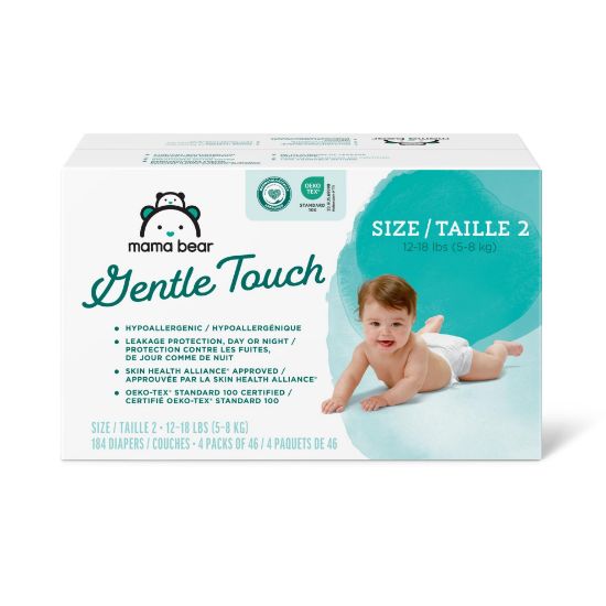 Picture of Amazon Brand - Mama Bear Gentle Touch Diapers, Hypoallergenic, Size 2, 184 Count (4 packs of 46), White