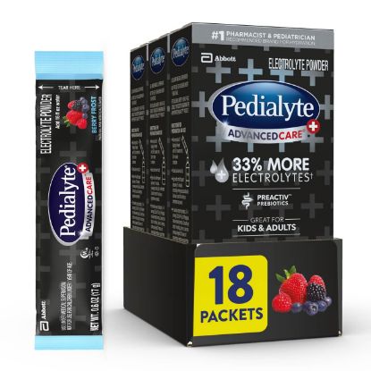 Picture of Pedialyte AdvancedCare Plus Electrolyte Powder, Has 33% More Electrolytes and PreActiv Prebiotics, Berry Frost, 18 Powder Packets