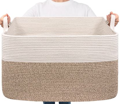 Picture of Goodpick Extra Large Woven Blanket Basket, 23.6" x 15.7" x 13.8" Storage Organizer for Blankets, Toys, Dirty Clothes, Rectangle Cotton Rope Basket for Living Room, Nursery, Bedroom
