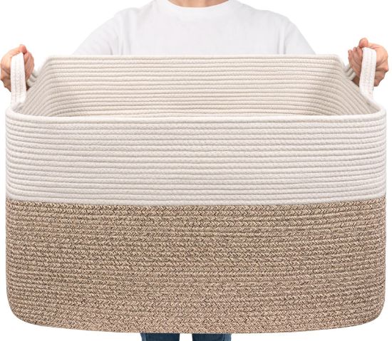 Picture of Goodpick Extra Large Woven Blanket Basket, 23.6" x 15.7" x 13.8" Storage Organizer for Blankets, Toys, Dirty Clothes, Rectangle Cotton Rope Basket for Living Room, Nursery, Bedroom