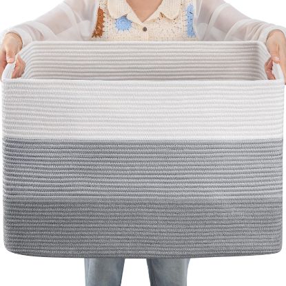 Picture of OIAHOMY 108L Large Cotton Rope Basket, Rectangle Woven Baskets for Storage, Nursery Blanket Storage Living Room, Toy Basket With Handle-25”x16”x16”-Gradient Grey