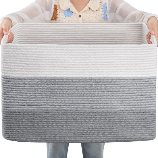 Picture of OIAHOMY 108L Large Cotton Rope Basket, Rectangle Woven Baskets for Storage, Nursery Blanket Storage Living Room, Toy Basket With Handle-25”x16”x16”-Gradient Grey