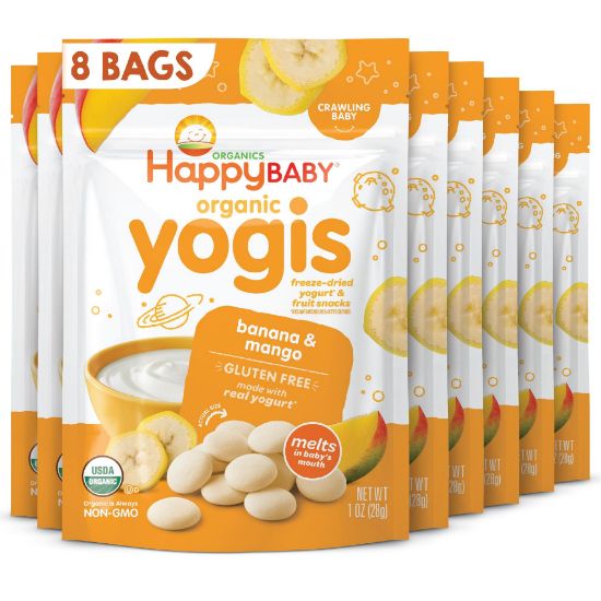 Picture of Happy Baby Organics Yogis Freeze-Dried Yogurt & Fruit Snacks, Banana & Mango, 1 Ounce Bag (Pack of 8) packaging may vary