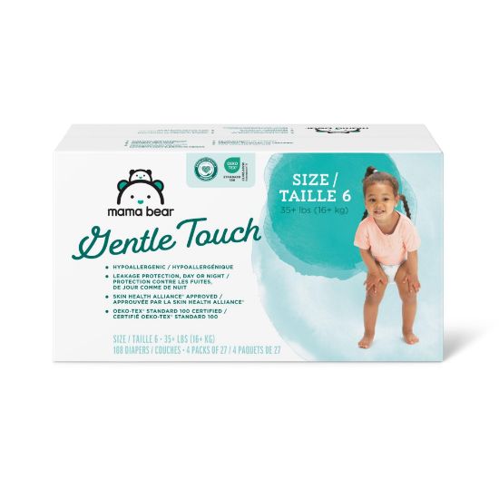 Picture of Amazon Brand - Mama Bear Gentle Touch Diapers, Hypoallergenic, Size 6, 108 Count (4 packs of 27), White