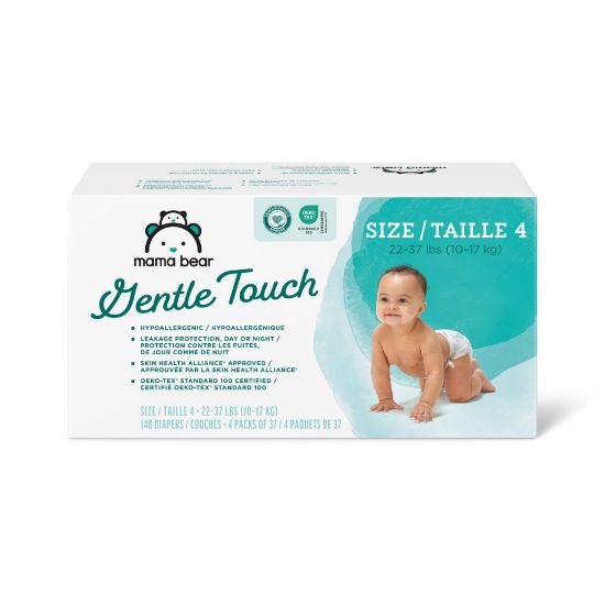 Picture of Amazon Brand - Mama Bear Gentle Touch Diapers, Hypoallergenic, Size 4, 148 Count, 4 Packs of 37, White
