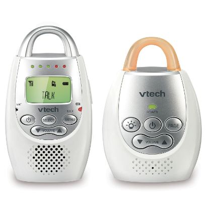 Picture of VTech Communications DM221 Audio Baby Monitor with up to 1,000 ft of Range, Vibrating Sound-Alert, Talk Back Intercom & Night Light Loop, White/Silver