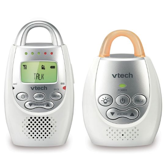 Picture of VTech Communications DM221 Audio Baby Monitor with up to 1,000 ft of Range, Vibrating Sound-Alert, Talk Back Intercom & Night Light Loop, White/Silver
