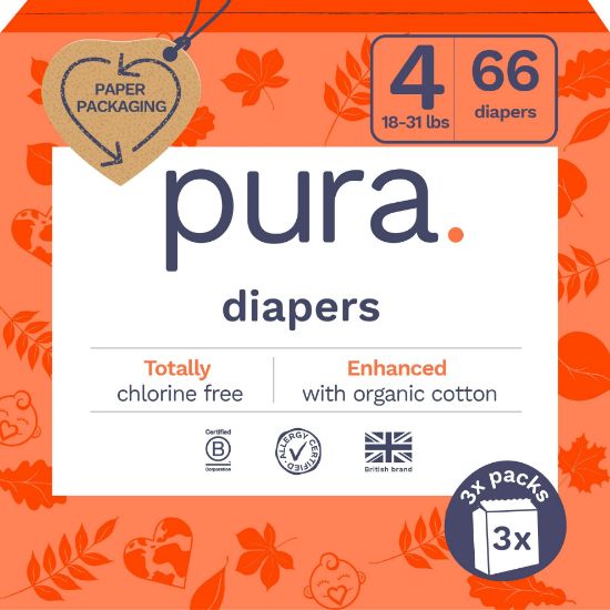 Picture of Pura Size 4 Diapers, 66 Count, Unisex, Organic Cotton, Leak-Free, Plant-Based, Dermatologically Tested, Allergy-Certified, Carbon Neutral, B-Corp