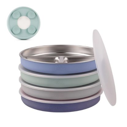 Picture of Elk and Friends Stainless Steel Divided Plates with Silicone Sleeve for Babies & Toddlers | Lids Included | Stay Put Suction | Dinner & Snack Plates | 4 Pack