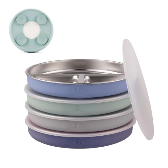 Picture of Elk and Friends Stainless Steel Divided Plates with Silicone Sleeve for Babies & Toddlers | Lids Included | Stay Put Suction | Dinner & Snack Plates | 4 Pack