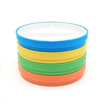 Picture of Elk and Friends Kids 6.7” Porcelain Divided Plates with Silicone Sleeves | Suitable for Babies/Kids/Toddlers | Microwave & Dishwasher Safe | Non Slip | Snack Dishes