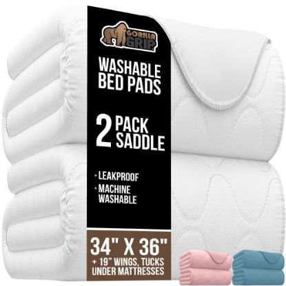 Picture of GORILLA GRIP Washable Toddler Mattress Incontinence Pads, Waterproof Bed Underpads, Absorbent Leak Proof, 34x36+19in Wings, 2 Pack Slip Resistant Pad Absorbs 8 Cups for Bedwetting Adults Kids, White
