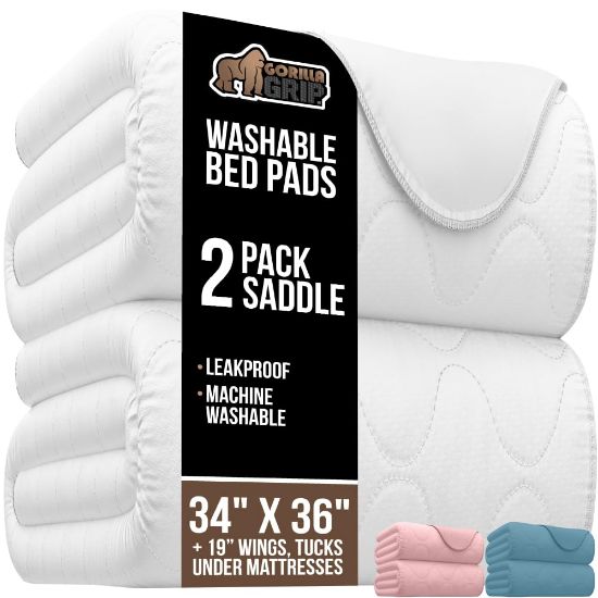 Picture of GORILLA GRIP Washable Toddler Mattress Incontinence Pads, Waterproof Bed Underpads, Absorbent Leak Proof, 34x36+19in Wings, 2 Pack Slip Resistant Pad Absorbs 8 Cups for Bedwetting Adults Kids, White
