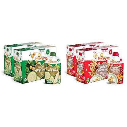 Picture of Happy Tot Organic Stage 4 Baby Food Love My Veggies Zucchini/Pear/Chickpeas & Kale, 4.22 Ounce (Pack of 16) & Happy Tot Organic Stage 4 Yogurt Oats + Super Chia, 4 Ounce, Pack of 8