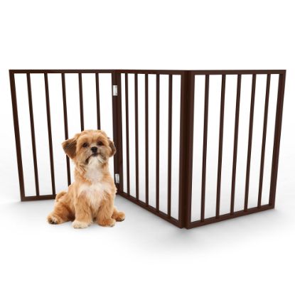 Picture of 3-Panel Indoor Foldable Dog Fence for Stairs, Hallways, or Doorways - 54x24-Inch Wood Freestanding Dog Gates by PETMAKER (Brown)