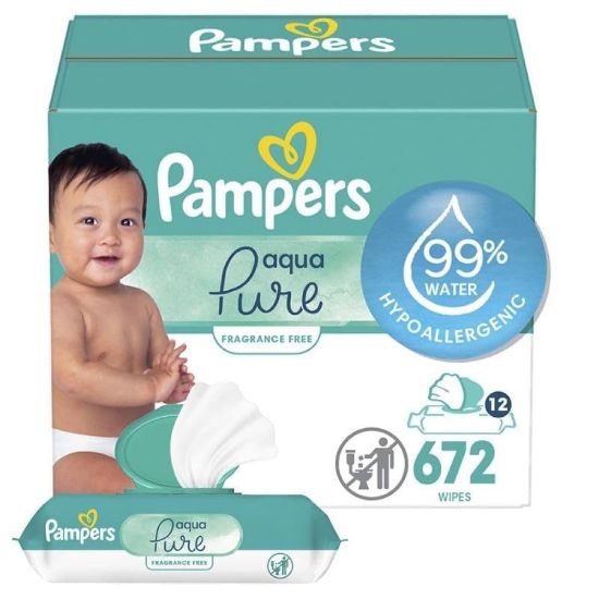 Picture of Pampers Baby Wipes Aqua Pure, 99% water-based wipes, Hypoallergenic and Unscented Baby Wipes, 672 Wipes Total (12 Flip-Top Packs)