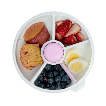 Picture of GoBe Kids Large Snack Spinner Slide Bundle with Hand Strap and Sticker Sheet - Reusable Snack Container with 4 Compartment Dispenser and Lid | BPA/PVC Free | Dishwasher Safe | No Spill - Taro Purple