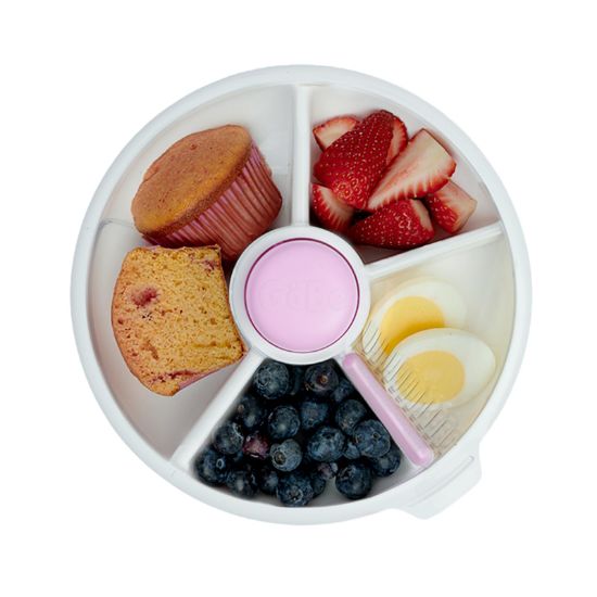 Picture of GoBe Kids Large Snack Spinner Slide Bundle with Hand Strap and Sticker Sheet - Reusable Snack Container with 4 Compartment Dispenser and Lid | BPA/PVC Free | Dishwasher Safe | No Spill - Taro Purple
