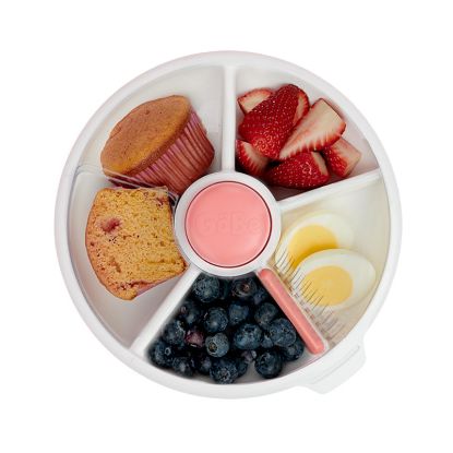 Picture of GoBe Kids Large Snack Spinner Slide Bundle with Hand Strap and Sticker Sheet - Reusable Snack Container with 4 Compartment Dispenser and Lid | BPA/PVC Free | Dishwasher Safe | No Spill - Coral Pink