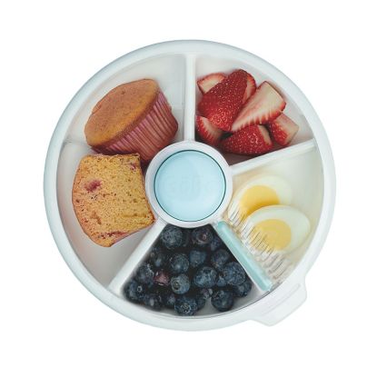 Picture of GoBe Kids Large Snack Spinner Slide Bundle with Hand Strap and Sticker Sheet - Reusable Snack Container with 4 Compartment Dispenser and Lid | BPA/PVC Free | Dishwasher Safe | No Spill - Macaron Blue