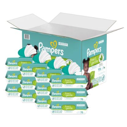 Picture of Pampers Baby Wipes, Free & Gentle, Hypoallergenic and Unscented Wipe, 100% Plant Based, Plastic-Free for Babies, 936 Total (12 Flip-Top Packs)