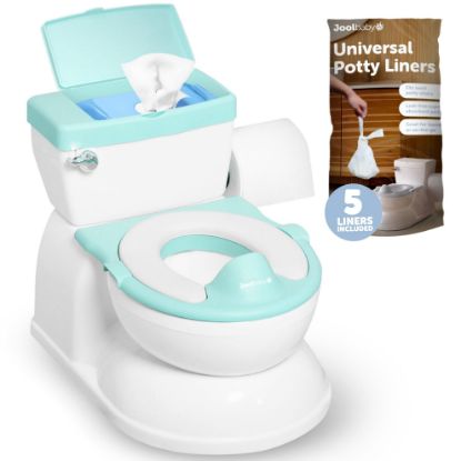 Picture of Real Feel 2-in-1 Potty with Wipes Storage, Flushing Sounds & Disposable Liners - Realistic Toilet - Easy to Clean & Assemble - Jool Baby (Aqua)