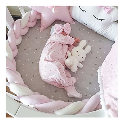 Picture of LOAOL Baby Crib Bumper Knotted Braided Plush Nursery Cradle Decor Newborn Gift Pillow Cushion Junior Bed Sleep Bumper (4 Meters, Pink-White-Pink)