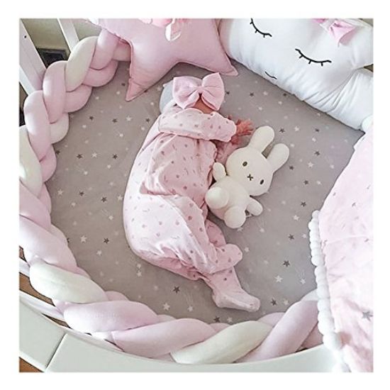 Picture of LOAOL Baby Crib Bumper Knotted Braided Plush Nursery Cradle Decor Newborn Gift Pillow Cushion Junior Bed Sleep Bumper (4 Meters, Pink-White-Pink)