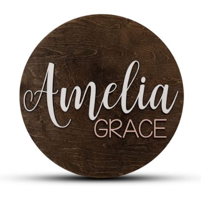 Picture of Custom Round Nursery Name Sign, Personalized Wooden Wall Plaque, 12" 18" 24", 30" 3D Wall Art for Children & Kids Rooms, Baby Shower, Hickory Hollow Designs (Amelia Grace)