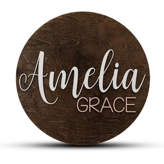 Picture of Custom Round Nursery Name Sign, Personalized Wooden Wall Plaque, 12" 18" 24", 30" 3D Wall Art for Children & Kids Rooms, Baby Shower, Hickory Hollow Designs (Amelia Grace)